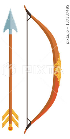 Bow and arrow cartoon icon. Ancient wooden weapon Bow and arrow cartoon icon. Ancient wooden weapon 137337495