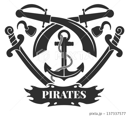 Vintage pirate emblem. Crossed weapons black logo Vintage pirate emblem. Crossed weapons black logo 137337577
