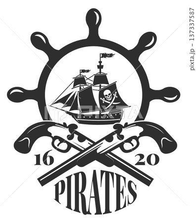 Pirates black emblem. Vintage ship monochrome label 137337587