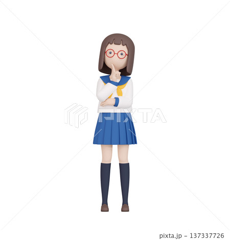 3DCG｜斜め上を見上げながら考えるセーラー服姿の女子高生 137337726