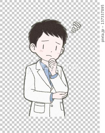 顎に手をあて悩んでいる白衣姿の医療関係者の男性の手書きイラスト素材 137337895