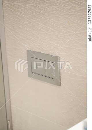 Contemporary dual-flush toilet plate with two rectangular push buttons on a sleek silver flush plate mounted on a light beige textured wall, modern water-saving design Contemporary dual-flush toilet plate with two rectangular push buttons on a sleek silver flush plate mounted on a light beige textured wall, modern water-saving design 137337927