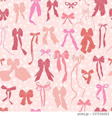 Seamless pattern with cute hand drawn fancy pink bow knots. Pretty retro coquettes wallpaper. Vintage romantic repeat background for wedding, birthday or Valentines decoration Seamless pattern with cute hand drawn fancy pink bow knots. Pretty retro coquettes wallpaper. Vintage romantic repeat background for wedding, birthday or Valentines decoration 137338261