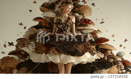 無数のキノコに囲まれたドレスを纏った幻想的な女性 137338356