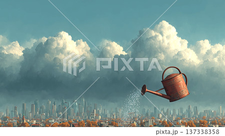 都会のビル群の上にある積乱雲にジョウロで水をあげる様子 137338358