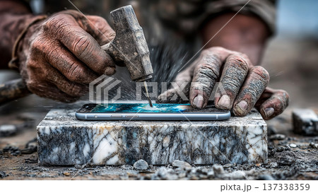 スマートフォンの画面を精密機械で修理しているプロの手元 137338359