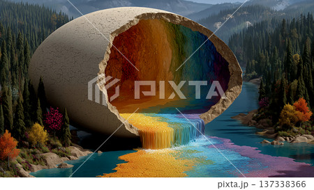 巨大な卵の殻から虹が川のように流れ出している幻想的な風景 137338366