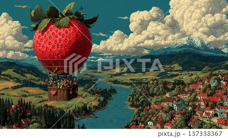 巨大なイチゴの熱気球が空を飛ぶ田舎町の風景 137338367