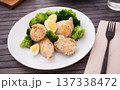 chicken breast with broccoli and quail eggs on plate for healthy dinner 137338472