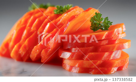 Freshly Sliced Carrots with Parsley Garnish Freshly Sliced Carrots with Parsley Garnish 137338582