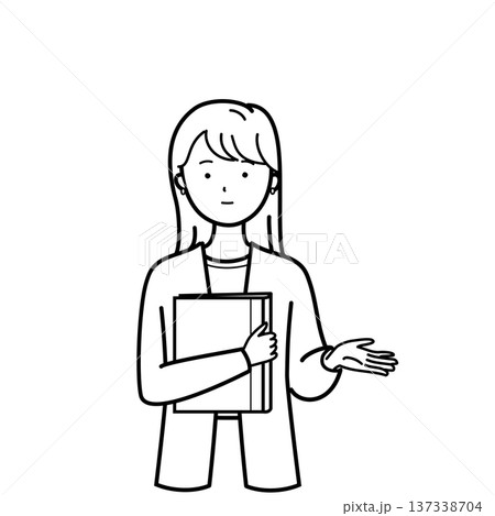 資料を持って説明するビジネスウーマン　プレゼン・会議イラスト（線画） 137338704