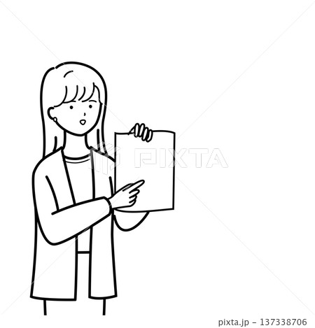 資料を指差して説明する女性　ビジネスプレゼン（線画） 137338706