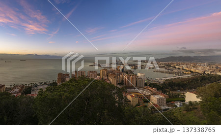 Panoramic City Harbor With Ocean Bay, Docks, and Mountain Range at Sunset in Malaga 137338765