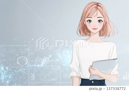 ホログラムUIとタブレットを使うピンク髪の若い女性｜絵美シリーズ・デジタル学習イメージ 137338772