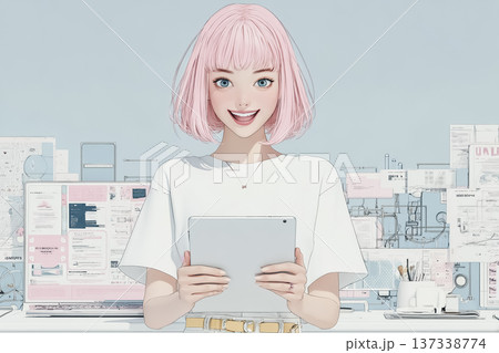 タブレットでプログラミングするピンク髪の若い女性｜絵美シリーズ・ITワークイメージ 137338774