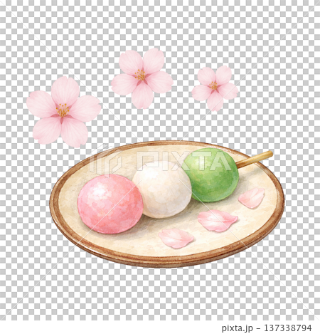 三色餃子和櫻花水彩插畫，春季日式甜點素材 137338794