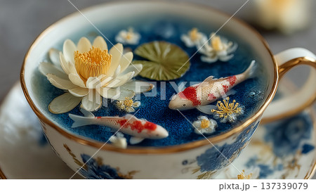 白い花々で満たされたティーカップの中を泳ぐ鮮やかな錦鯉 137339079
