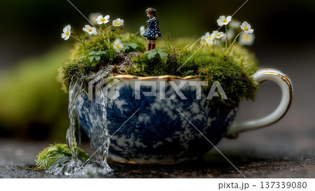 ティーカップの中に作られた精巧なミニチュアの庭園 137339080