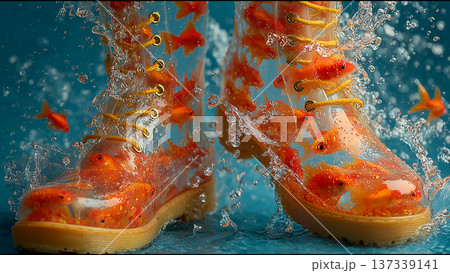 水と金魚が入った透明なブーツを履いて水たまりを歩く足元 137339141