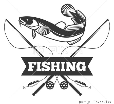 Angler fishing black icon. Crossed rods emblem 137339155