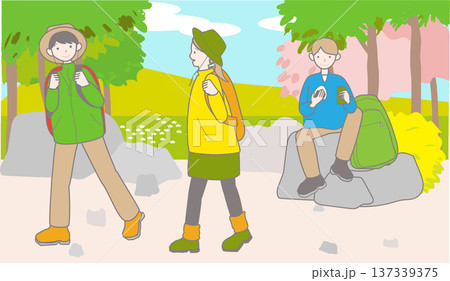 春にハイキングをしている人々の背景付きイラスト 137339375