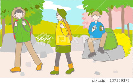 春にハイキングをしている人々の背景付きイラスト 137339375