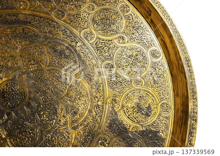 Uzbek brass tray featuring Middle Eastern arabesque Uzbek brass tray featuring Middle Eastern arabesque 137339569