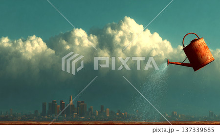 都会のビル群の上にある積乱雲にジョウロで水をあげる様子のコンセプト素材 都会のビル群の上にある積乱雲にジョウロで水をあげる様子のコンセプト素材 137339685