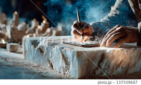 氷の塊の上で光の粒子を浴びながらペンで書く幻想的な手元 137339687