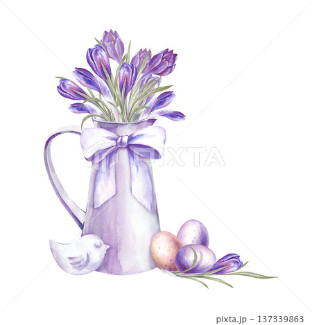 A spring composition with purple crocuses in a jug with a white bow, painted eggs and a white bird statuette. Watercolor illustration of Easter home decor for postcards, invitations, spring themes A spring composition with purple crocuses in a jug with a white bow, painted eggs and a white bird statuette. Watercolor illustration of Easter home decor for postcards, invitations, spring themes 137339863