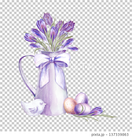A spring composition with purple crocuses in a jug with a white bow, painted eggs and a white bird statuette. Watercolor illustration of Easter home decor for postcards, invitations, spring themes A spring composition with purple crocuses in a jug with a white bow, painted eggs and a white bird statuette. Watercolor illustration of Easter home decor for postcards, invitations, spring themes 137339863