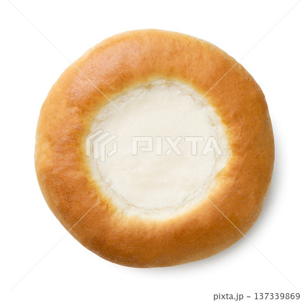 Cottage cheese bun on a white background. Top view Cottage cheese bun on a white background. Top view 137339869
