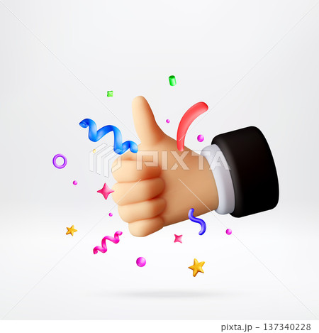 3D hand thumb up gesture with colorful confetti 137340228