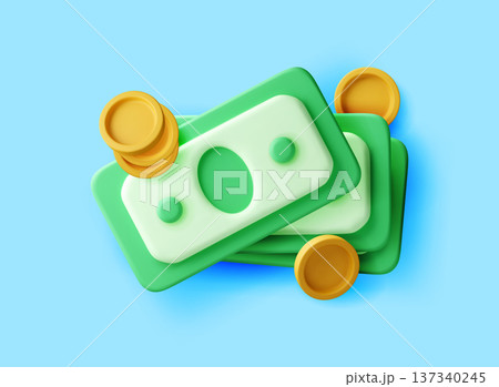 3D Stack of green paper money and yellow gold coin 3D Stack of green paper money and yellow gold coin 137340245