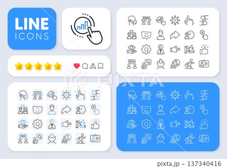 Smile face, Yoga and Health eye line icons for web app. Message, Share, Like social media icons. Pack of Working hours, Difficult stress, Cursor pictogram icons. Vector 137340416