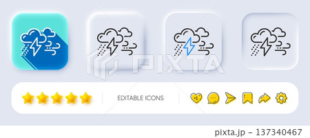 Clouds with raindrops, lightning, wind line icon. Neumorphic, Flat shadow, 3d buttons. Bad weather sign. Line bad weather icon. Social media icons. Vector 137340467