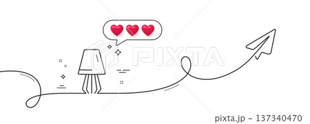 Table lamp line icon. Continuous line with share plane. Bedside light sign. Interior illuminate symbol. Hearts rate review in speech bubble. Table lamp single line ribbon. Loop curve pattern. Vector 137340470