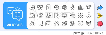 Inventory, Delivery service and Microphone line icons. Interest rate, AI generate, Inflation icons. Pack of Buy car, Swipe up, Petrol station icon. Vector 137340474