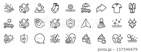 Uv protection, Skin care and Sleep line icons pack. Share, Message, Paper plane icons. Sun protection, Sun cream, Sunbed web icon. Bathrobe, Face cream, Collagen skin pictogram. Vector Uv protection, Skin care and Sleep line icons pack. Share, Message, Paper plane icons. Sun protection, Sun cream, Sunbed web icon. Bathrobe, Face cream, Collagen skin pictogram. Vector 137340479