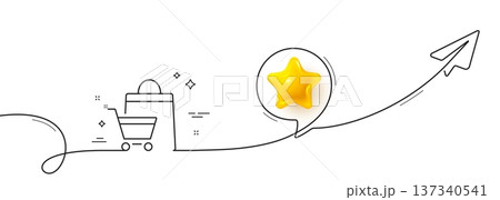 Shopping cart line icon. Continuous line with share plane. Customer sale bag sign. Supermarket purchases symbol. 3d star in speech bubble. Sale bags single line ribbon. Loop curve pattern. Vector 137340541