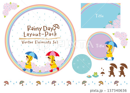 梅雨の雨の日イラストセット|紫陽花と虹とレインコートの子供 6月 フレーム ベクター 梅雨の雨の日イラストセット|紫陽花と虹とレインコートの子供 6月 フレーム ベクター 137340636