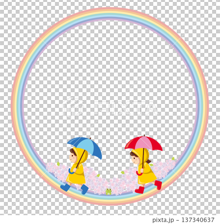彩虹與雨衣兒童圓形相框 | 透明視窗開啟六月雨季向量圖 137340637
