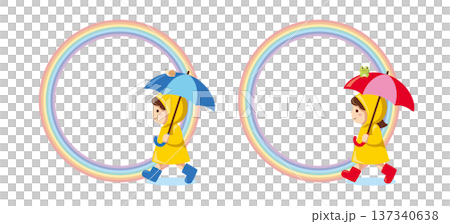 彩虹與雨衣兒童圓形相框 | 六月雨季男孩女孩插圖 彩虹與雨衣兒童圓形相框 | 六月雨季男孩女孩插圖 137340638