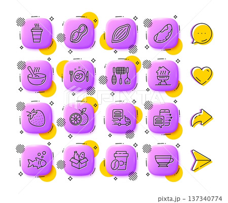Grill tools, Cocoa nut and Romantic dinner line icons. App 3d buttons. Social media comment, share, like icons. Pack of Food delivery, Home grill, Food donation icon. Vector 137340774