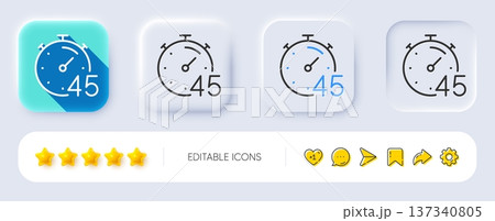 Timer 45 minutes line icon. Neumorphic, Flat shadow, 3d buttons. Stopwatch time sign. Countdown clock symbol. Line timer icon. Social media icons. Vector 137340805