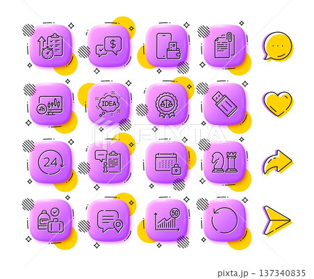 Document attachment, Timer and Justice scales line icons. App 3d buttons. Social media comment, share, like icons. Pack of Clipboard, Chat bubble, Calendar icon. Vector 137340835
