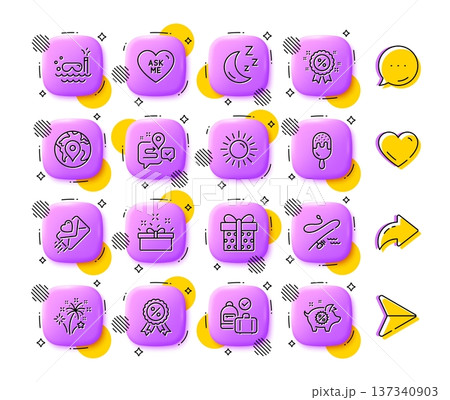 Pin, Discount and Ice cream line icons. App 3d buttons. Social media comment, share, like icons. Pack of Love letter, Scuba diving, Ask me icon. Vector 137340903