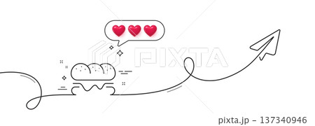 Burger line icon. Continuous line with share plane. Fast food sign. Hamburger sandwich symbol. Hearts rate review in speech bubble. Burger single line ribbon. Loop curve pattern. Vector 137340946