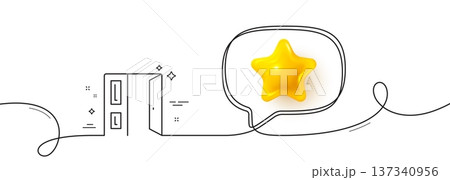 Open door line icon. Continuous line with 3d star. Entrance doorway sign. Building exit symbol. 3d star in speech bubble. Open door single line ribbon. Loop curve pattern. Vector 137340956