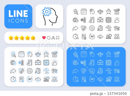 First aid, Fingerprint and Inspect line icons for web app. Message, Share, Like social media icons. Pack of Thermometer, Timer, Calendar pictogram icons. Vector First aid, Fingerprint and Inspect line icons for web app. Message, Share, Like social media icons. Pack of Thermometer, Timer, Calendar pictogram icons. Vector 137341050